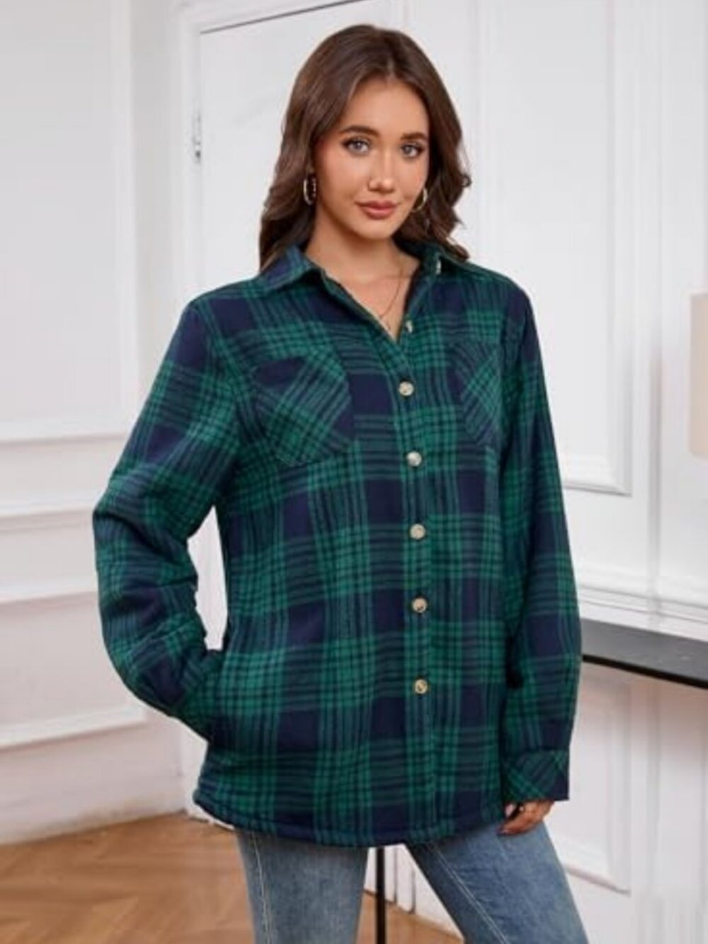 Cozy Sherpa Lined Flannel Shirt Jacket | Women's Plaid Button Down Outerwear - Picture 6 of 7
